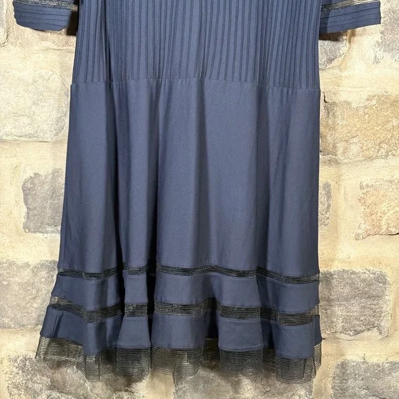Tadashi Shoji Too Navy Blue Dress 1X Plus Size‎ Pleated Mesh Trim Party Formal